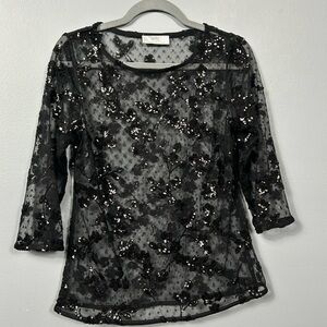 Wallis Black Mesh Net Sheer Sequin 3/4 Sleeve Tunic Top size US 8